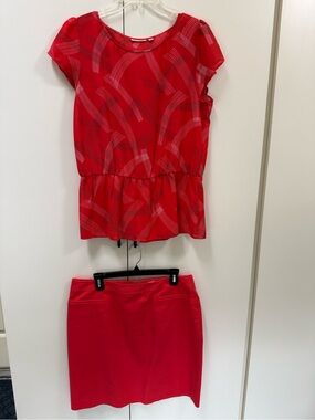Nordstrom Halogen Neon Red Printed Peplum Top 14 & Pencil Skirt Set Large L
